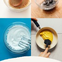 Bowls and frying pan showing flax, chia, aquafaba, and mung beans as egg substitutes