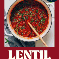 Overhead shot of a pot of our Tuscan-style beef & lentil soup with kale