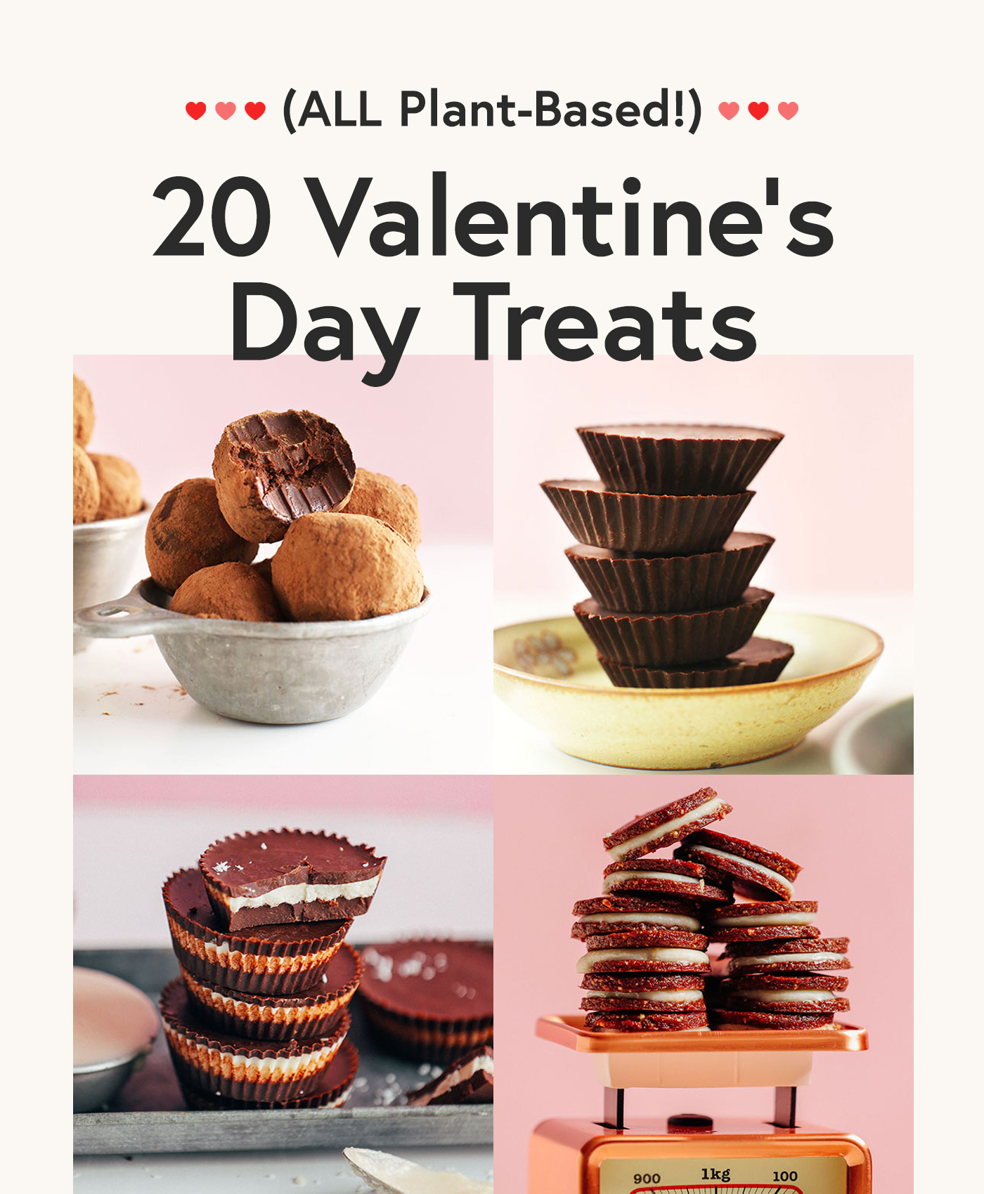 Photos of 4 plant-based chocolate recipes for our round-up of Valentine's Day Treats