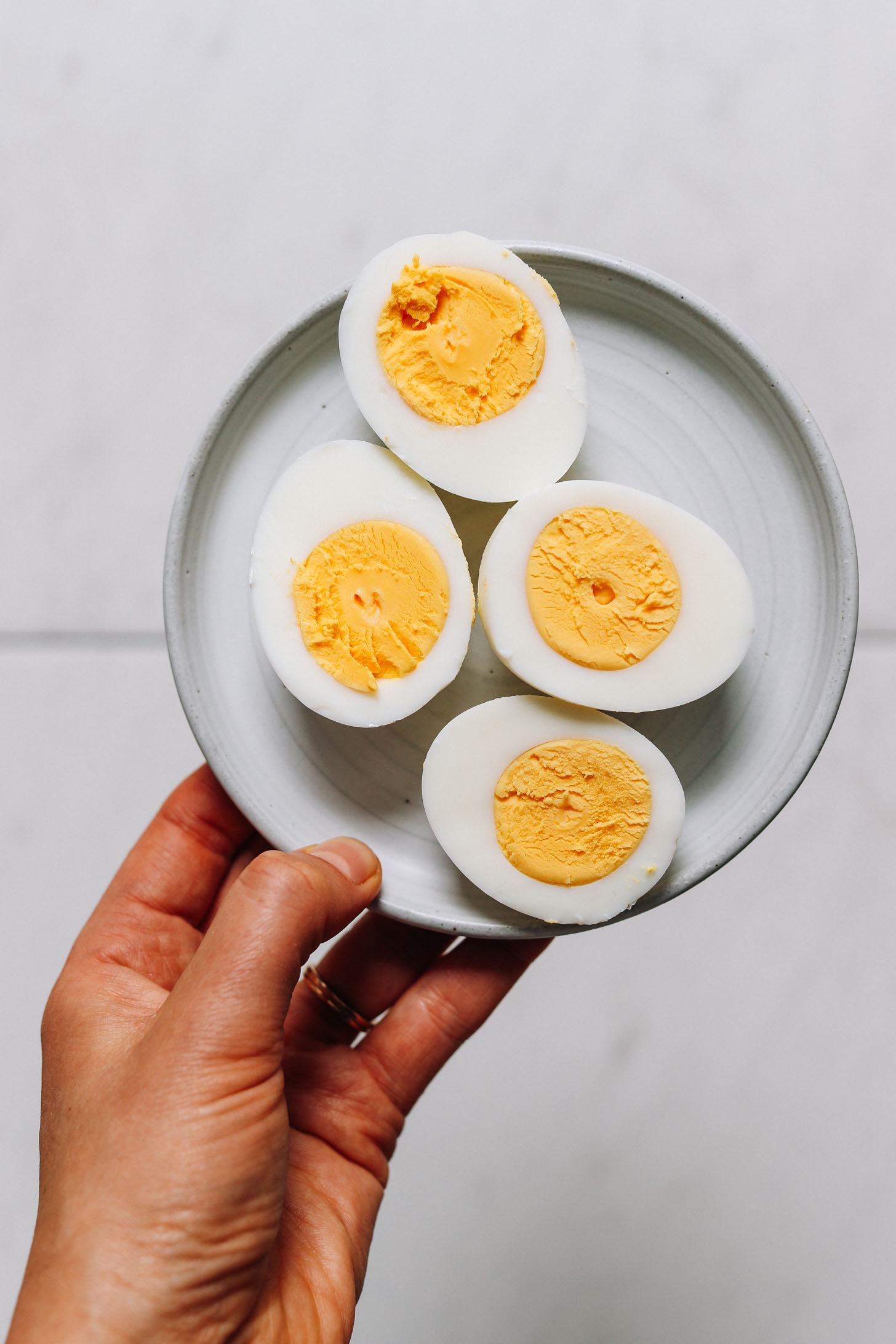 Plate of halved hard boiled eggs