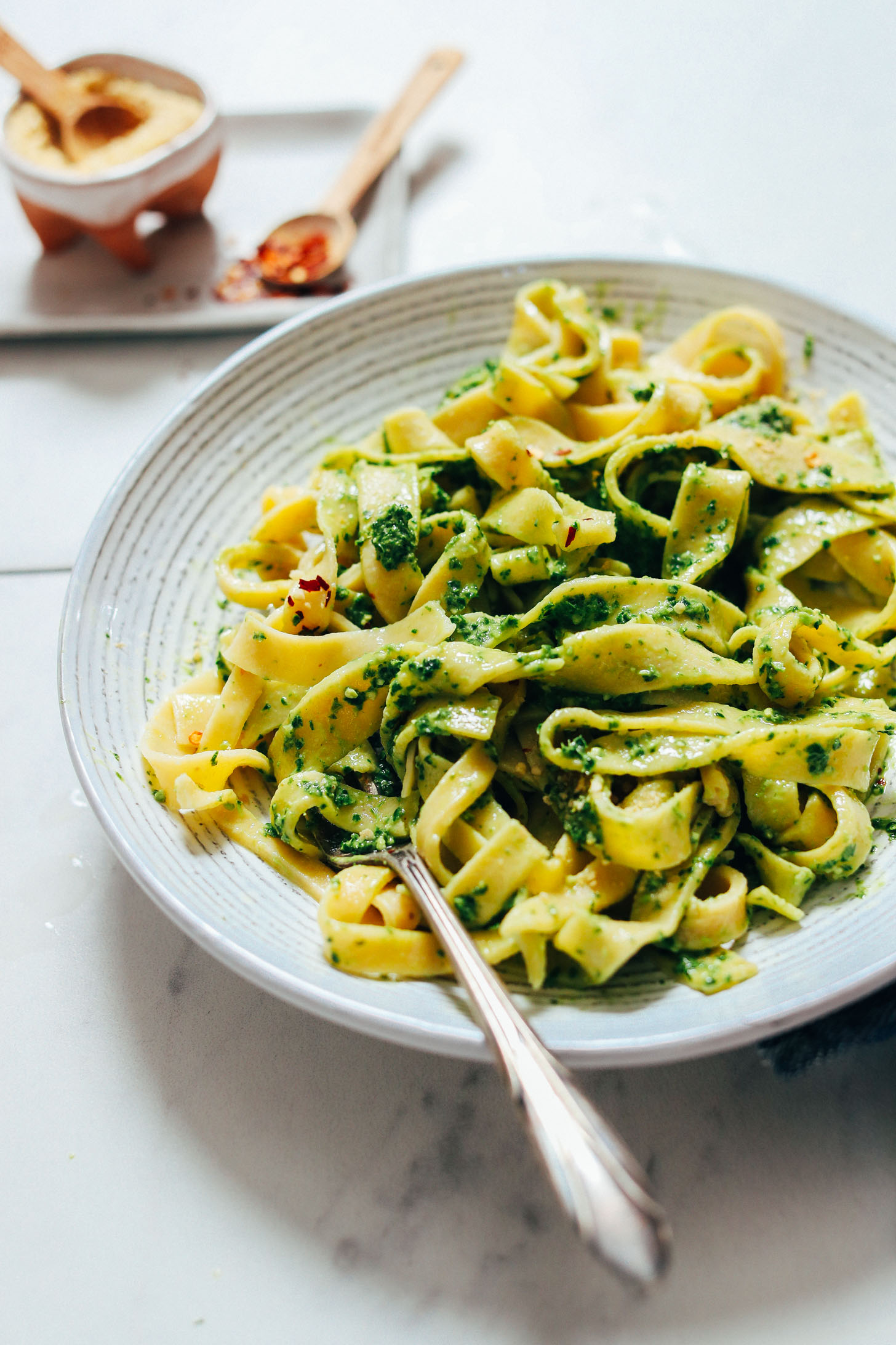 Bowl of Gluten Free Pasta topped with dairy-free pesto