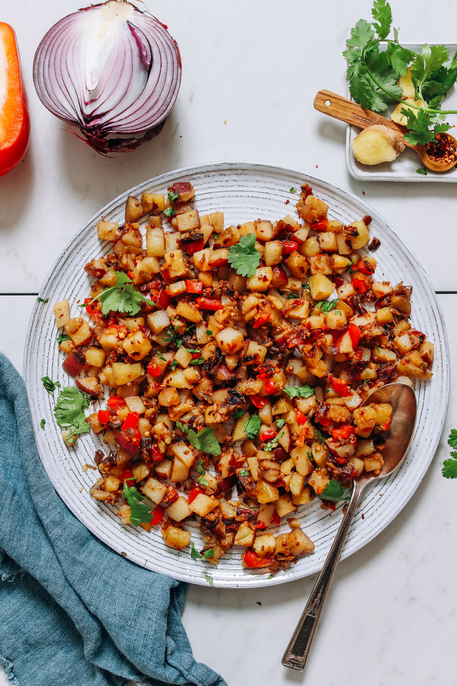 Plate filled with Indian-Inspired Potato Aloo Sabzi for adding to dosas