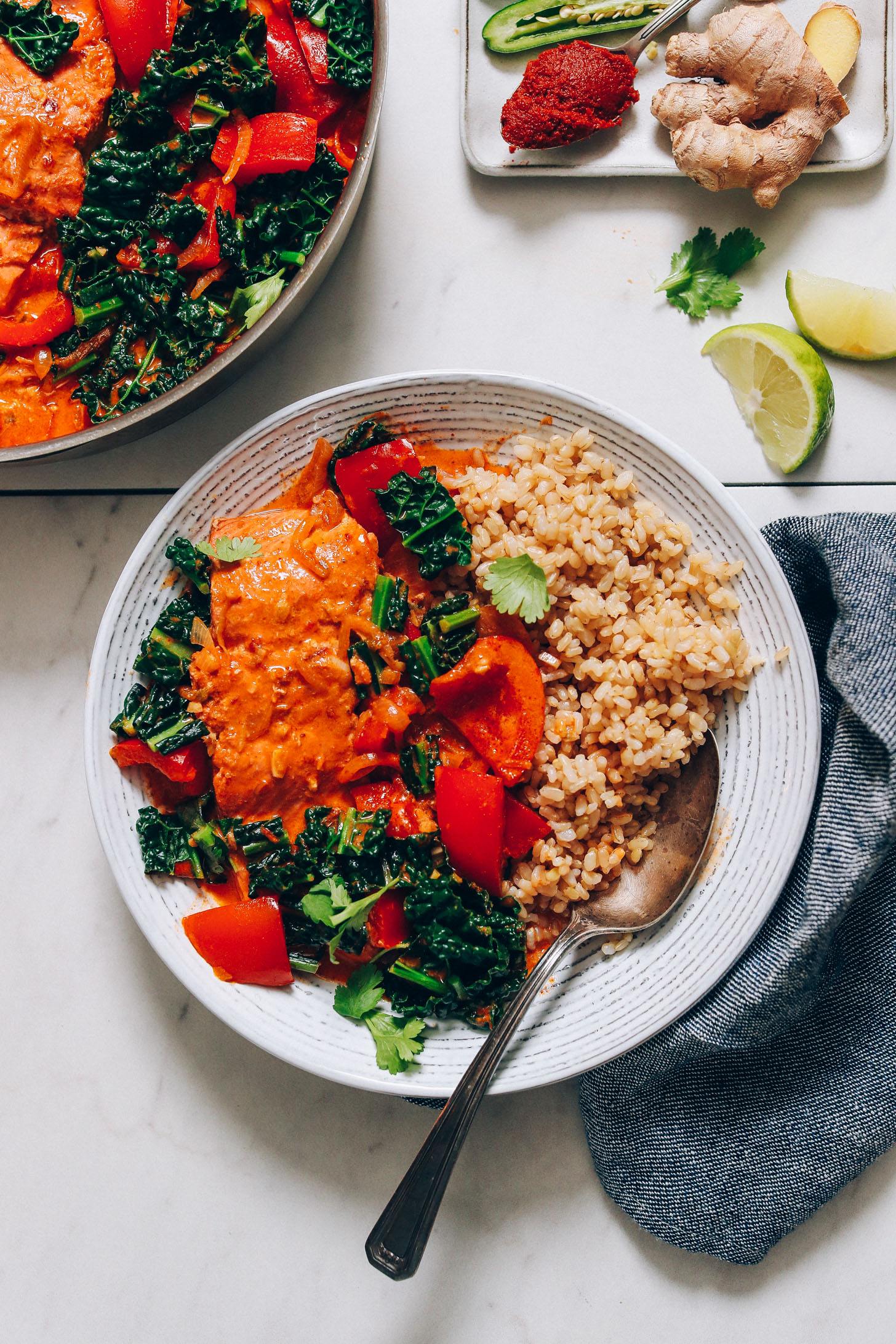 Bowl of brown rice and Salmon Red Curry