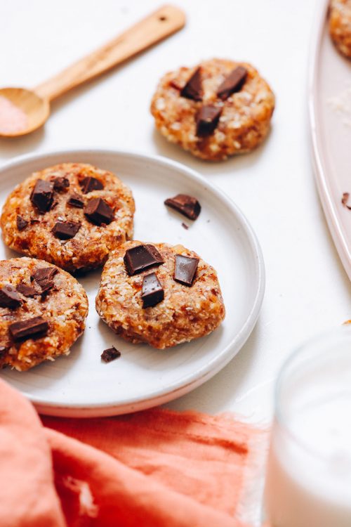 Chocolate Chip No Bake Cookies on and next to a plate