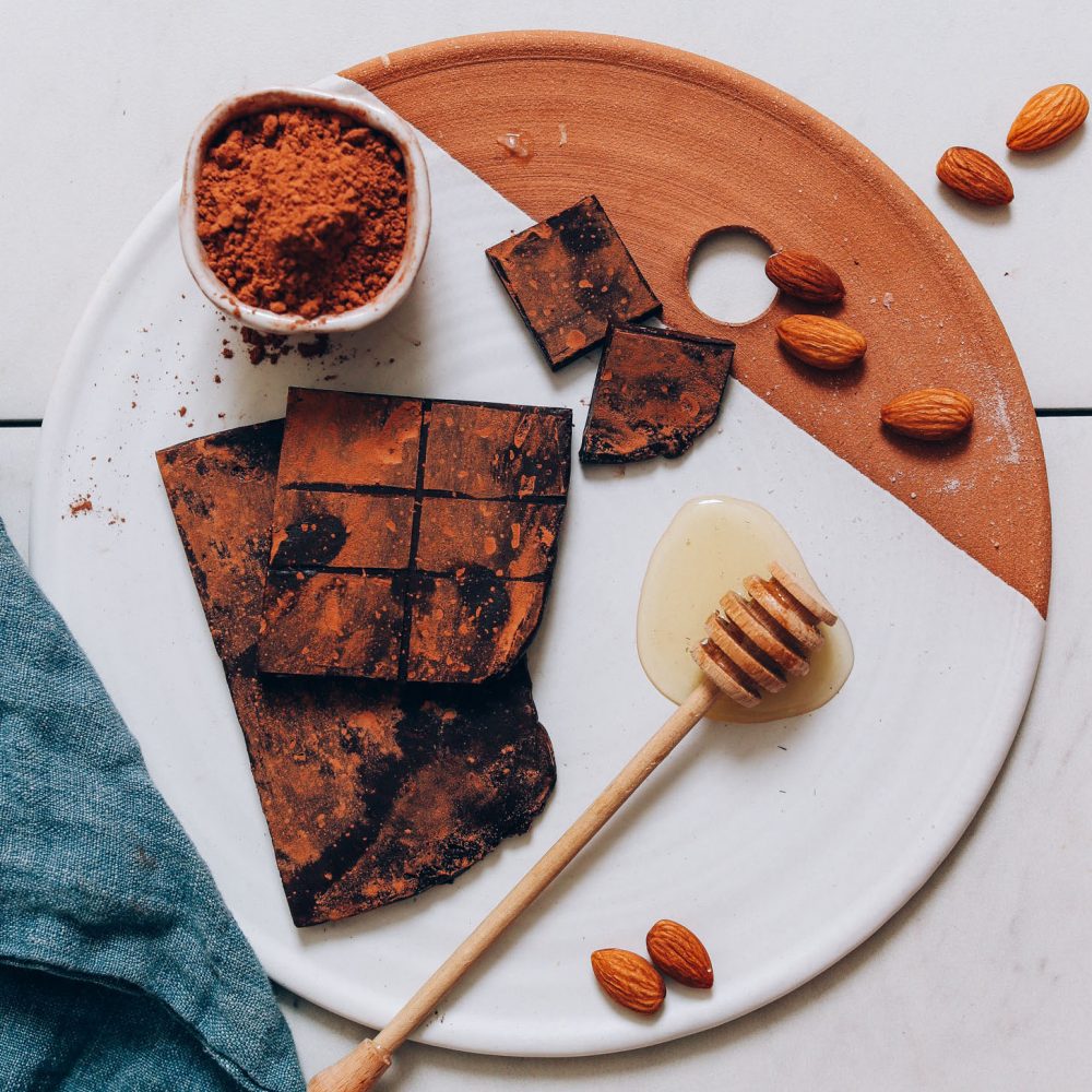 Honey, cacao powder, almonds, and homemade Honey Mama's Bars