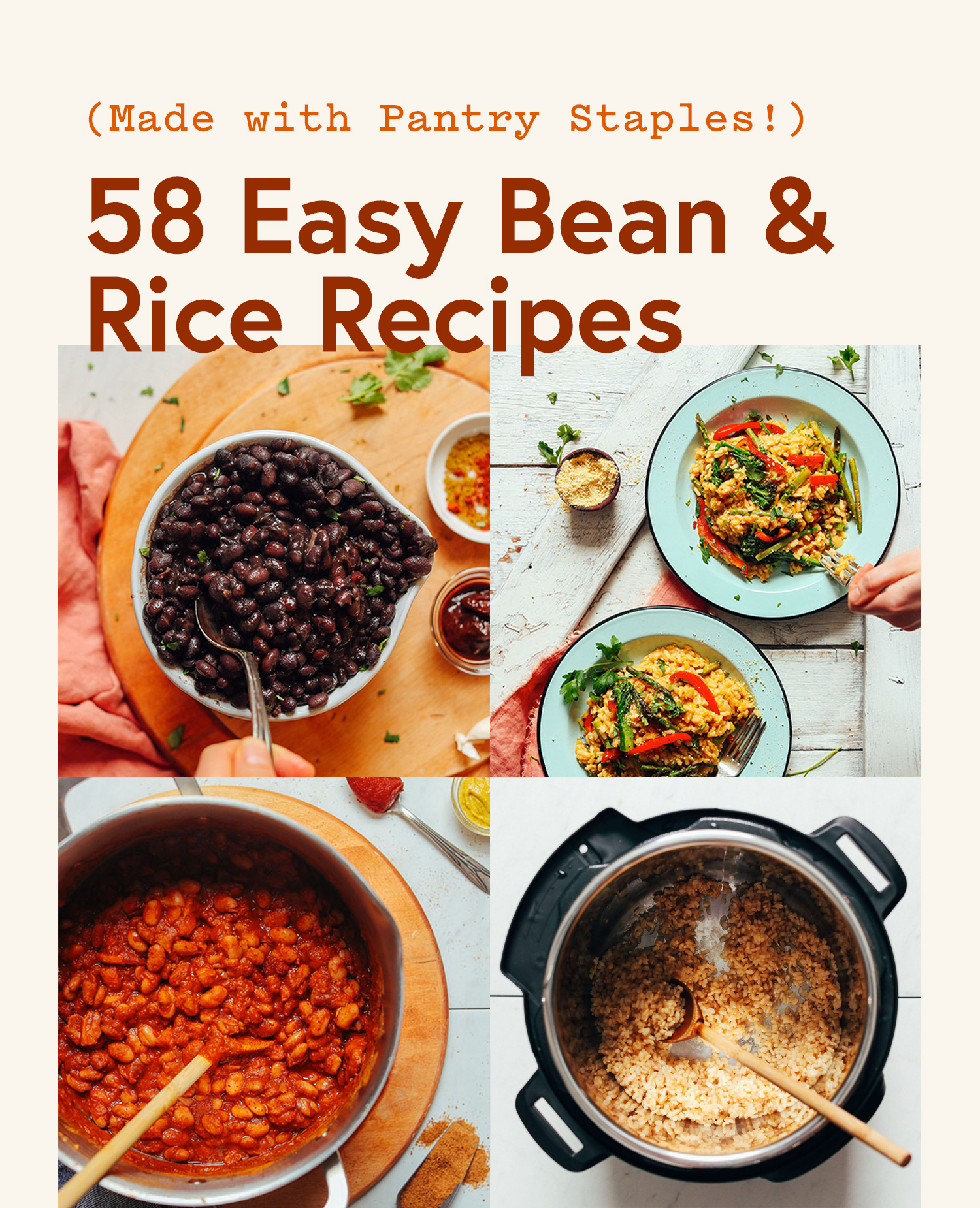 Bowls of black beans, risotto, BBQ Beans, and brown rice