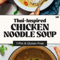 Bowl and Dutch oven of our Thai-inspired chicken noodle soup with text between the photos that says 1-pot and gluten-free