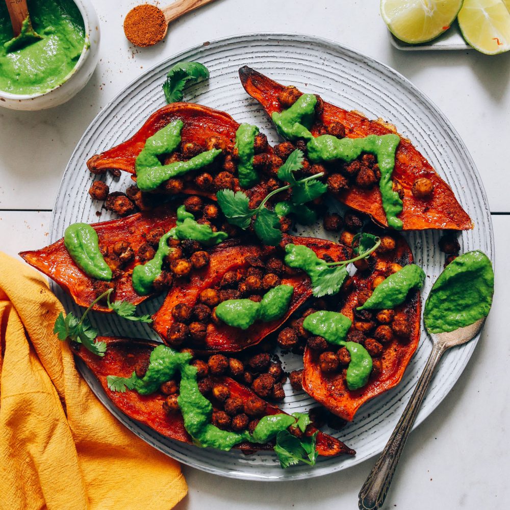 Large plate of Chickpea Stuffed Sweet Potatoes