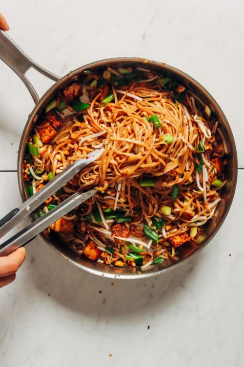 Pan filled with a batch of our Easy Vegan Pad Thai with Tofu recipe