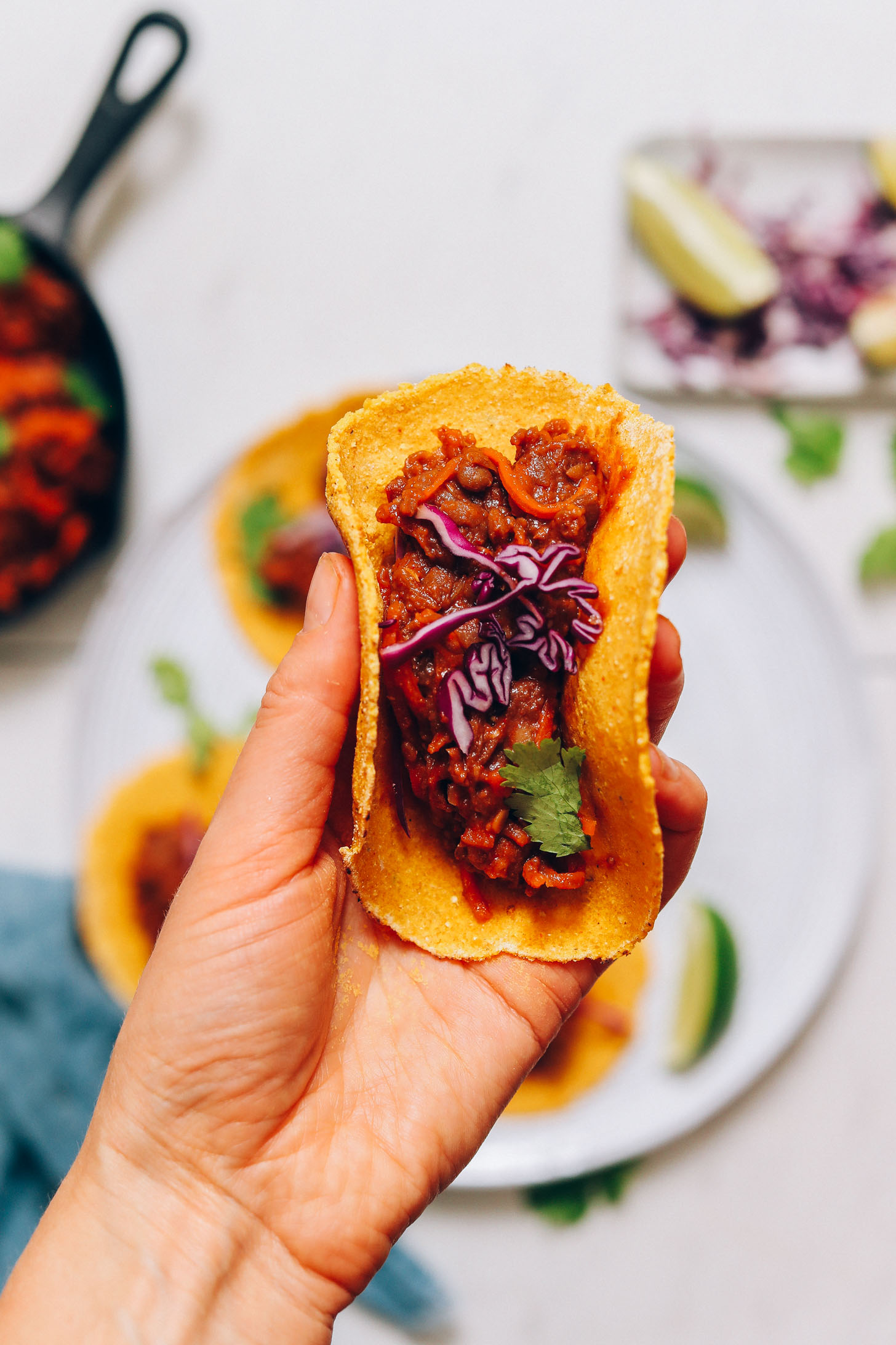 Close up shot of a corn tortilla filled with vegan taco meat, red cabbage, and carrots