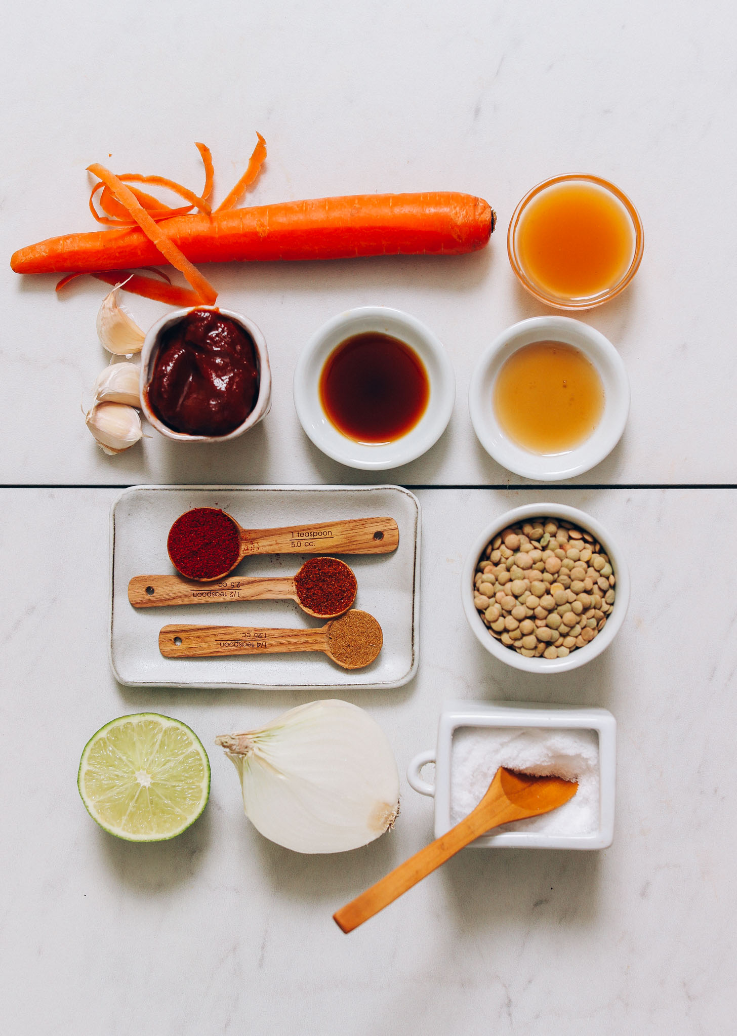 Carrot, vegetable broth, lentils, onion, lime, spices, garlic, and adobo peppers