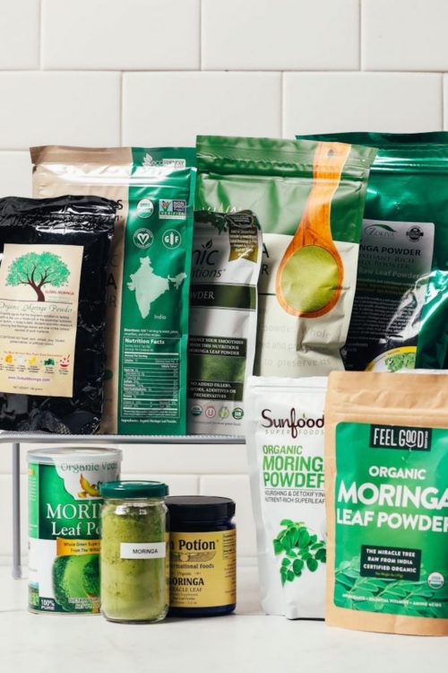 Assortment of moringa leaf powders for our review of the best moringa brands