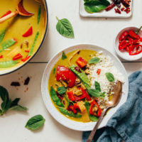 Pot and bowl of Thai Green Curry served with rice