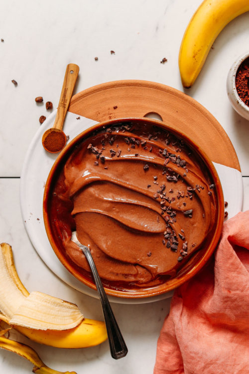 Bowl of Chocolate Nice Cream topped with cacao nibs
