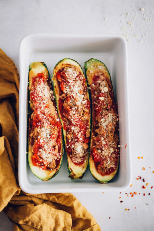 Baking pan with three Zucchini Boats