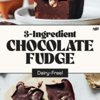 Side view and overhead photos of chunks of homemade dairy-free chocolate fudge
