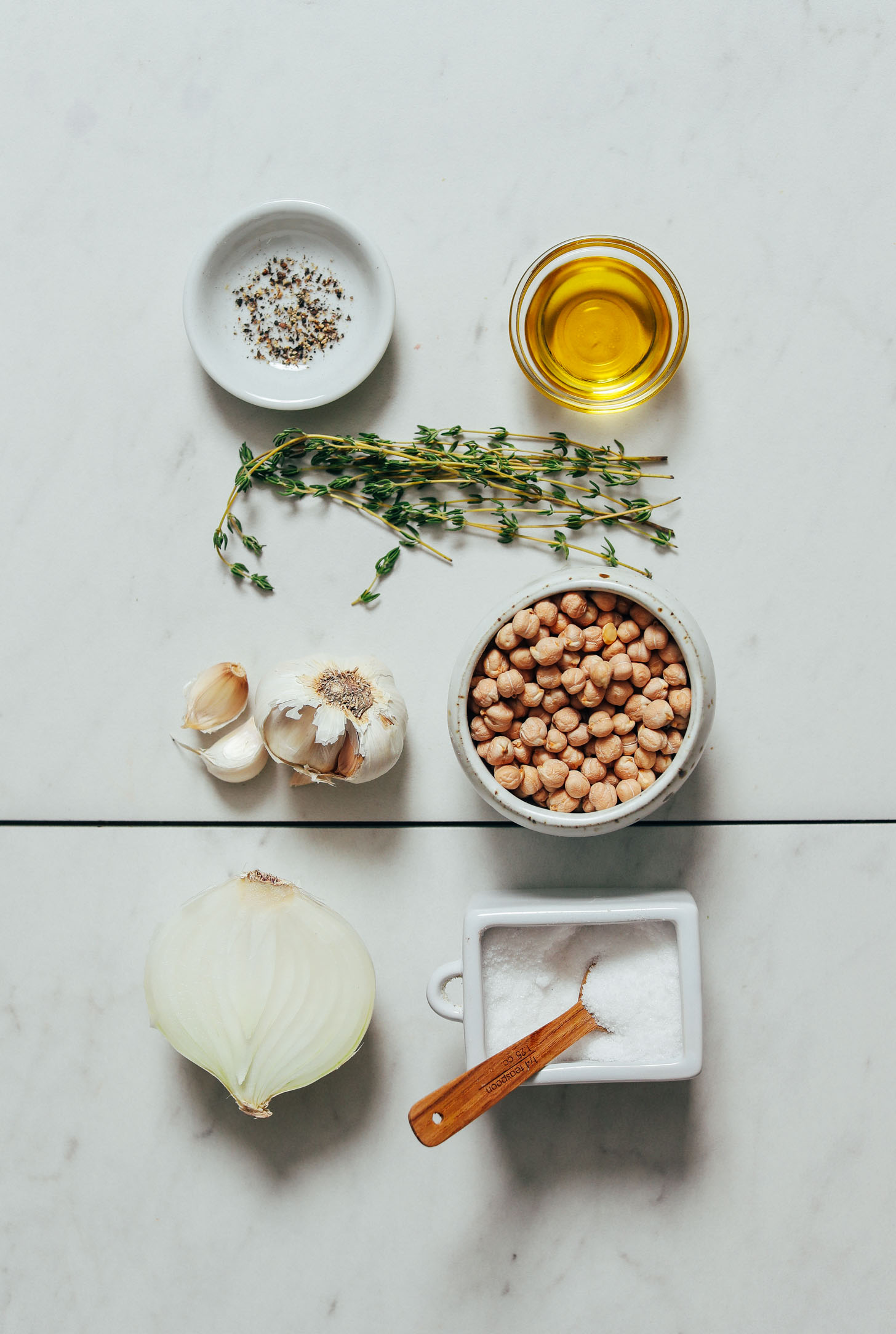 Olive oil, black pepper, thyme, dry chickpeas, garlic, salt, and onion