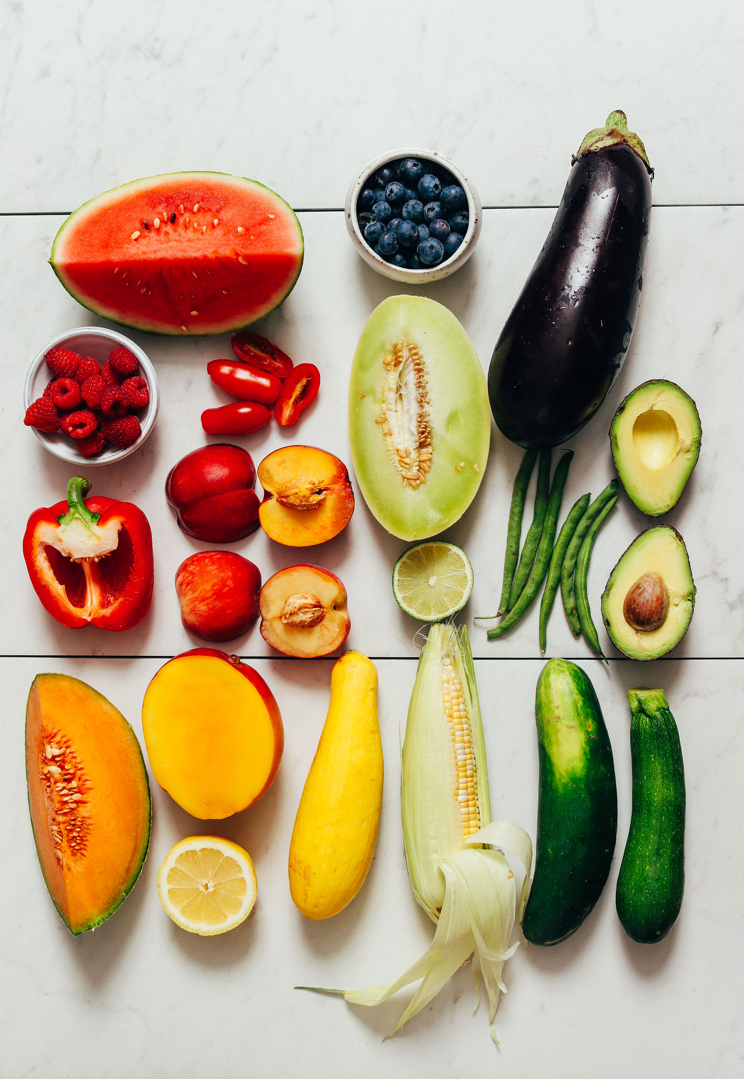 Melons, eggplant, avocado, stone fruit, and assortment of other seasonal produce