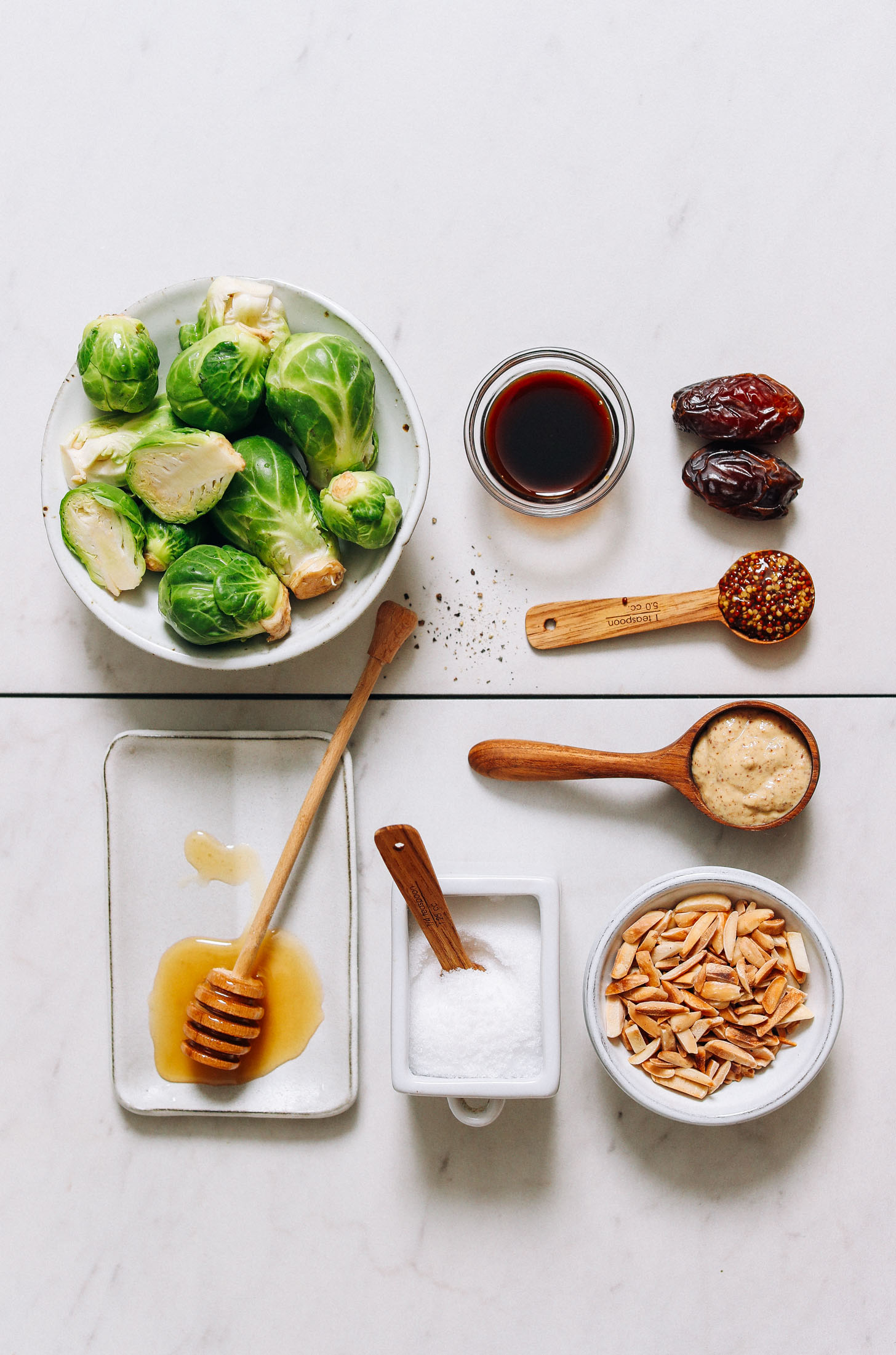 Brussels sprouts, coconut aminos, mustard, honey, sea salt, almonds, and dates
