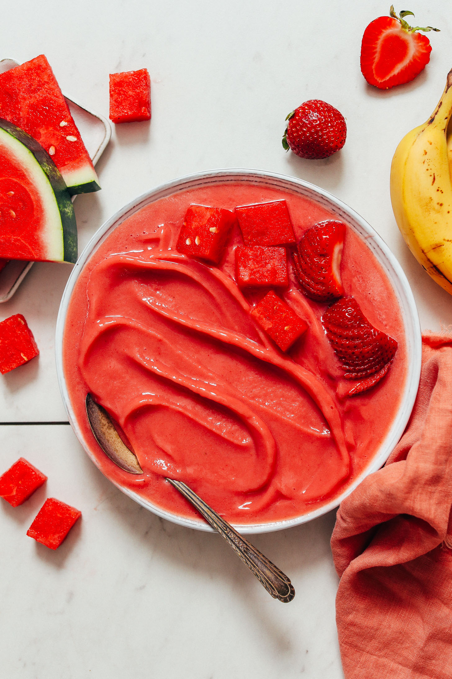 Bowl of Strawberry Watermelon Sorbet made without an ice cream maker