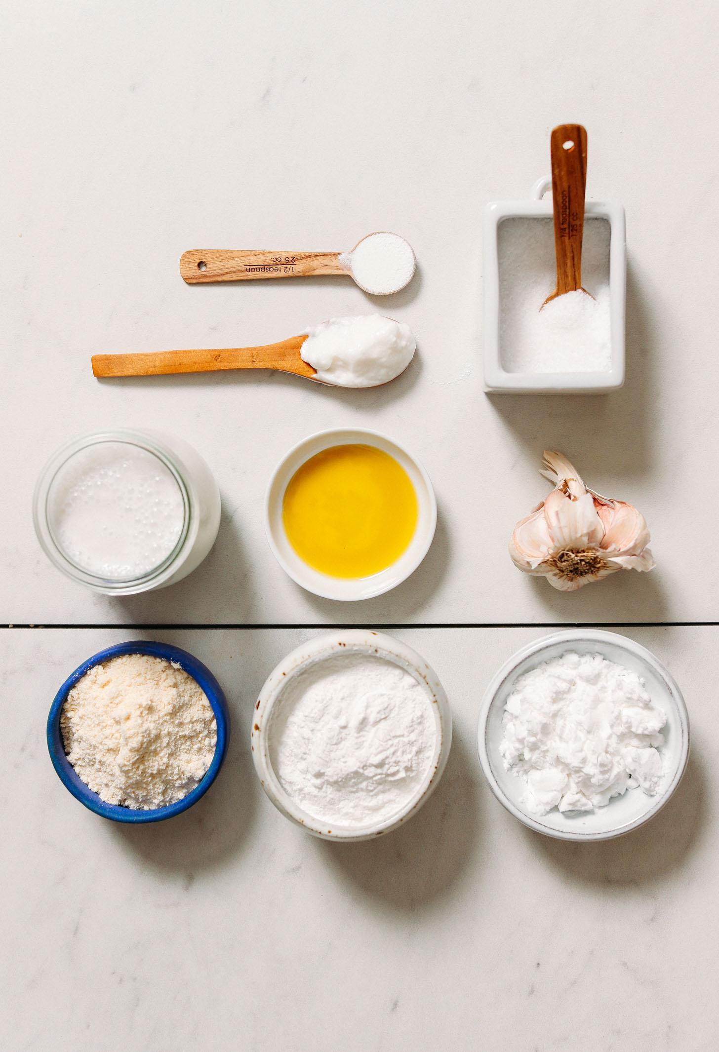 Gluten free flours, coconut milk, coconut yogurt, baking powder, salt, garlic, and olive oil