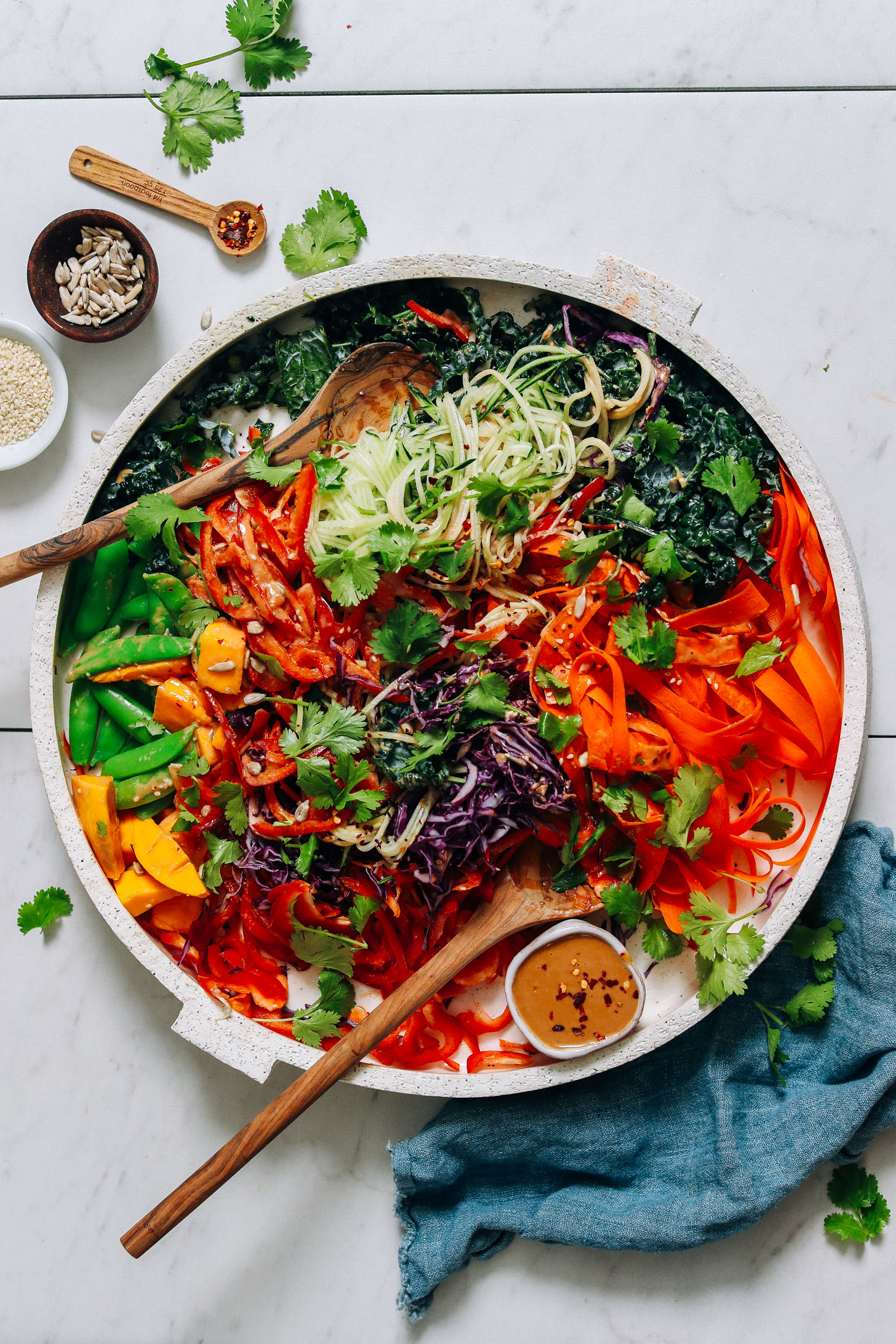 Large platter of Peanut Noodle Salad next to red pepper flake, sunflower seeds, and sesame seeds