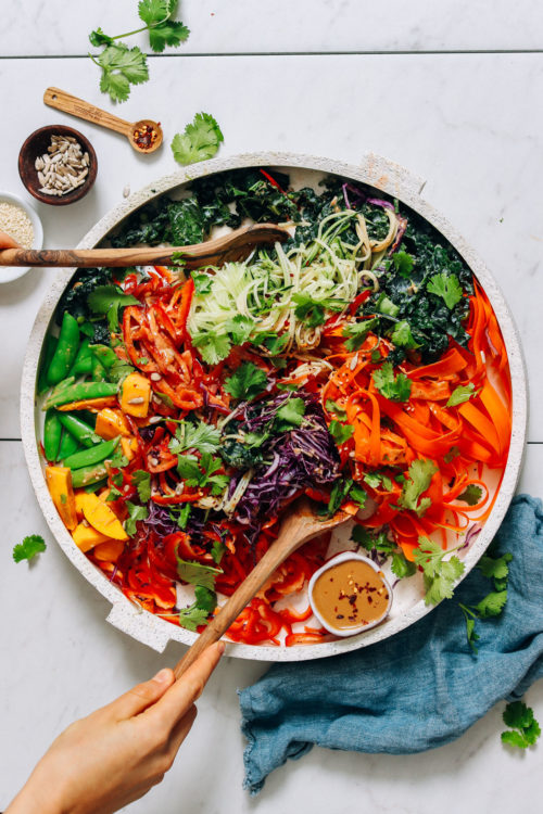 Using wooden tongs to pick up a serving of Veggie Noodle Salad with Peanut Dressing