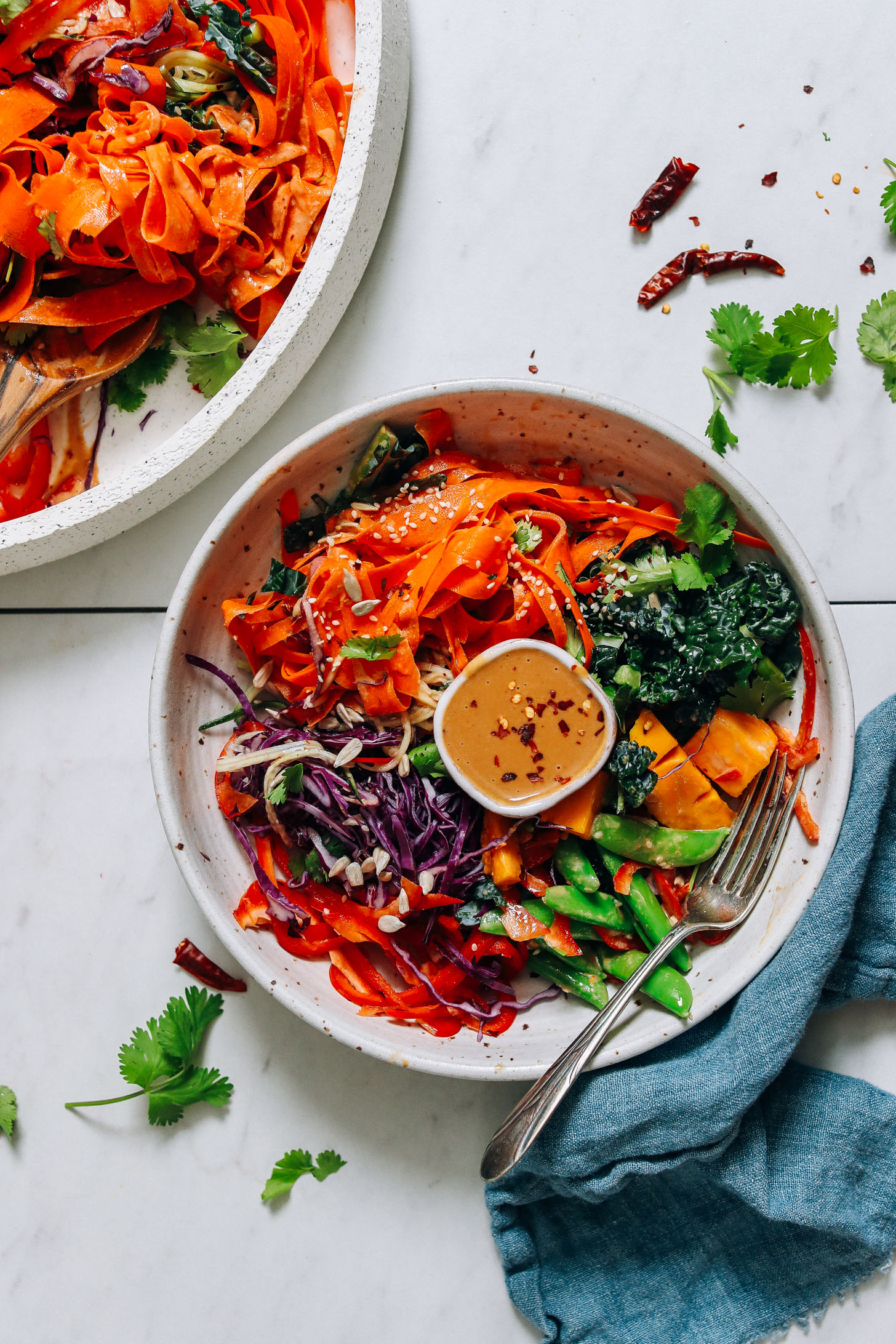 Platter and bowl of Rainbow Peanut Noodle Salad made with fresh veggies