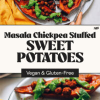 Overhead and angled views of a plate of Masala Chickpea Stuffed Sweet Potatoes with text that says vegan and gluten-free