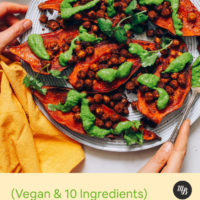 Plate of Masala Chickpea Sweet Potatoes topped with cilantro chutney