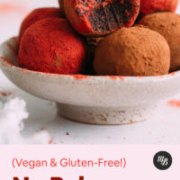 Bowl of Red Velvet Cake Bites coated in beet powder and cacao