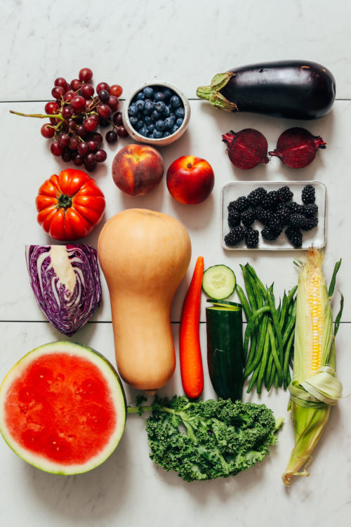 Assortment of fresh fruits and vegetables in season in summer