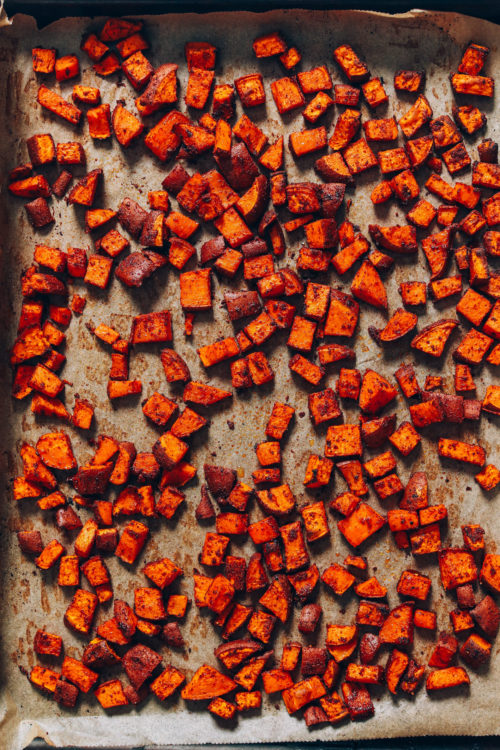Baking sheet of BBQ Roasted Sweet Potato Croutons