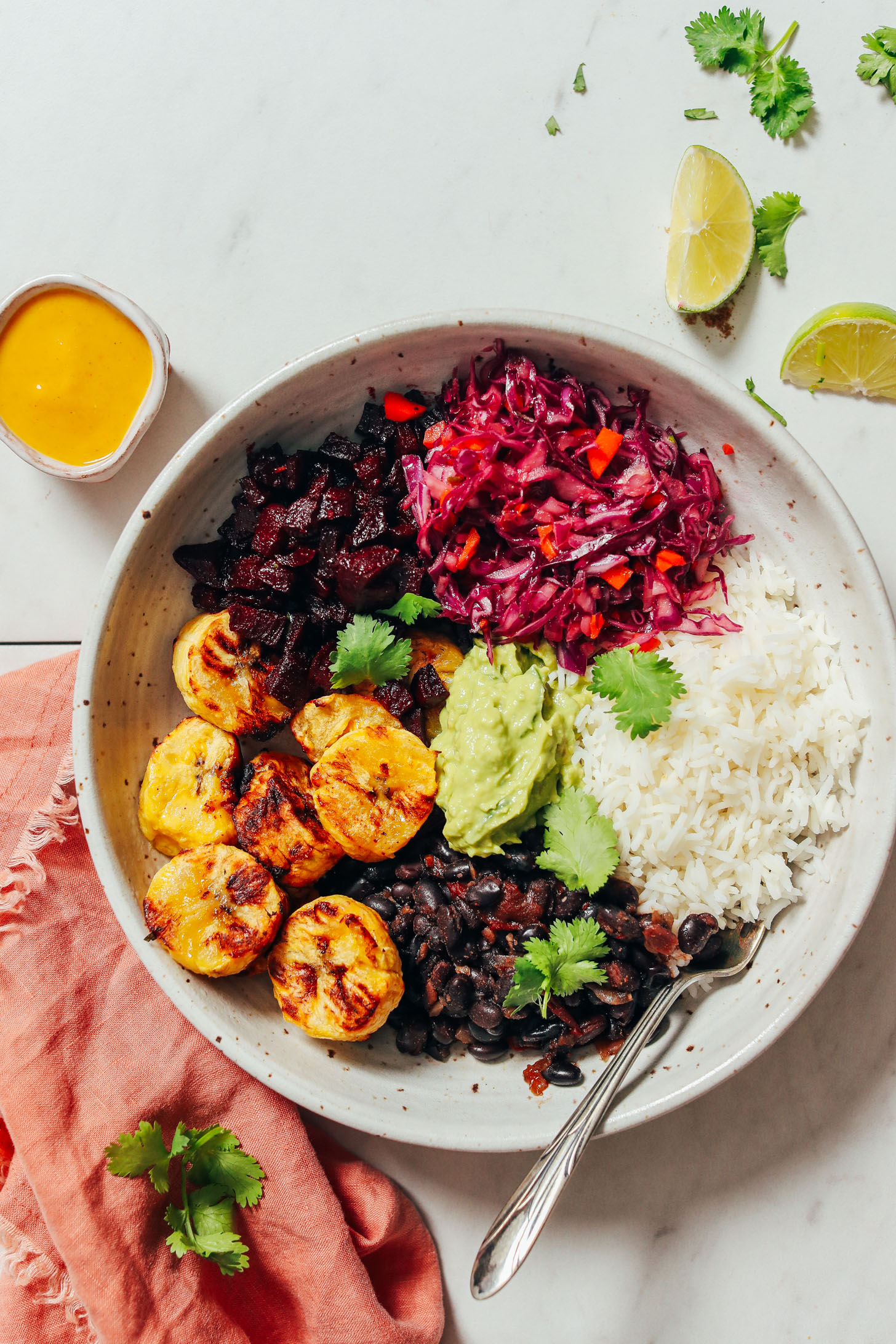 Bowl of roasted plantains, beet relish, beans, rice, guacamole, and cabbage slaw
