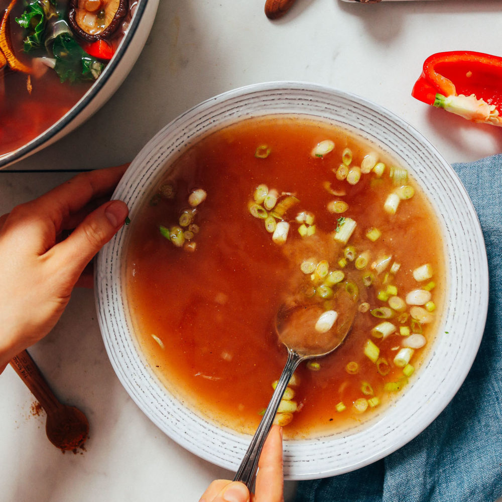 Bowl of our Miso Tonic made with homemade vegetable broth
