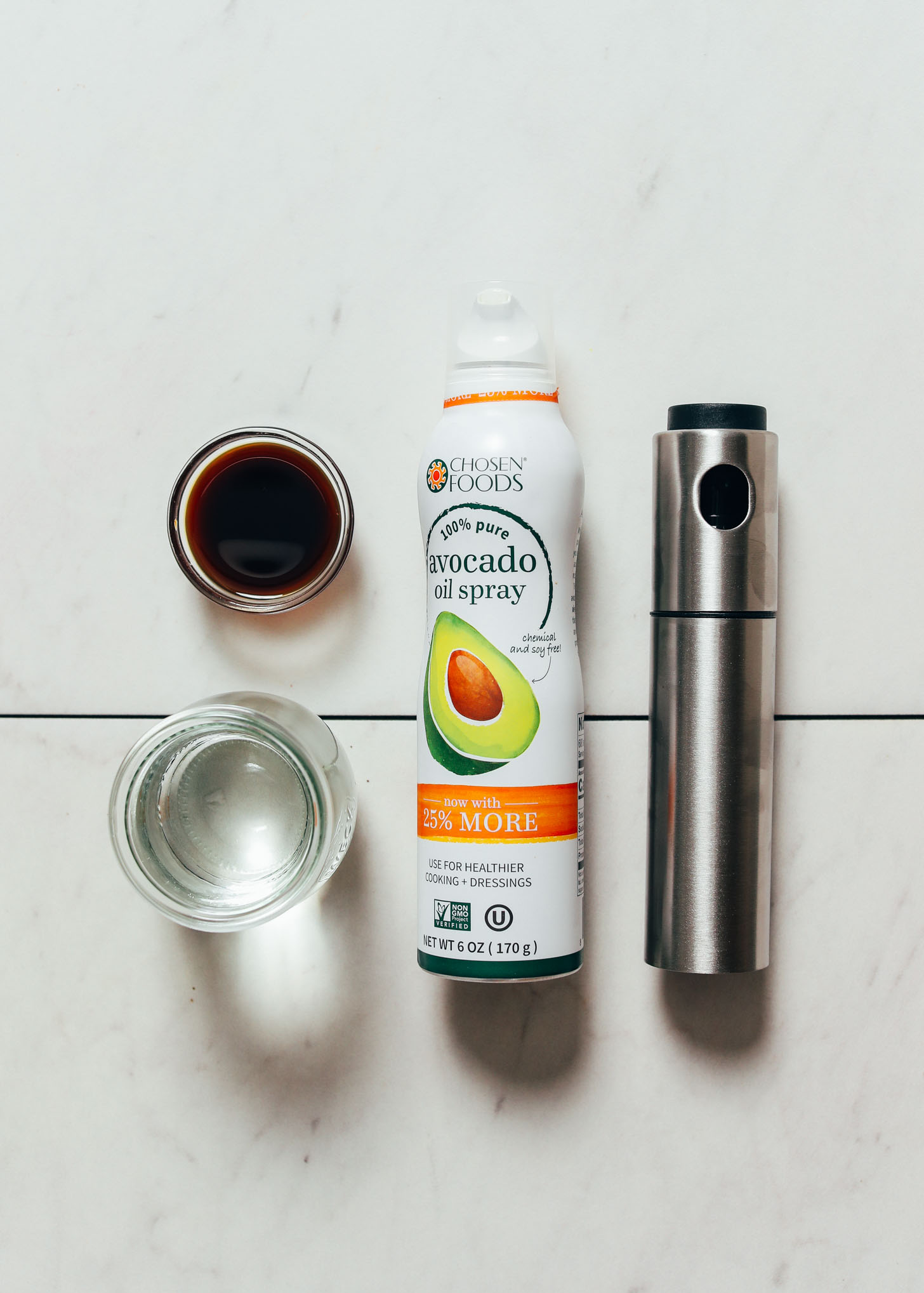 Avocado oil, oil mister, coconut aminos, and water