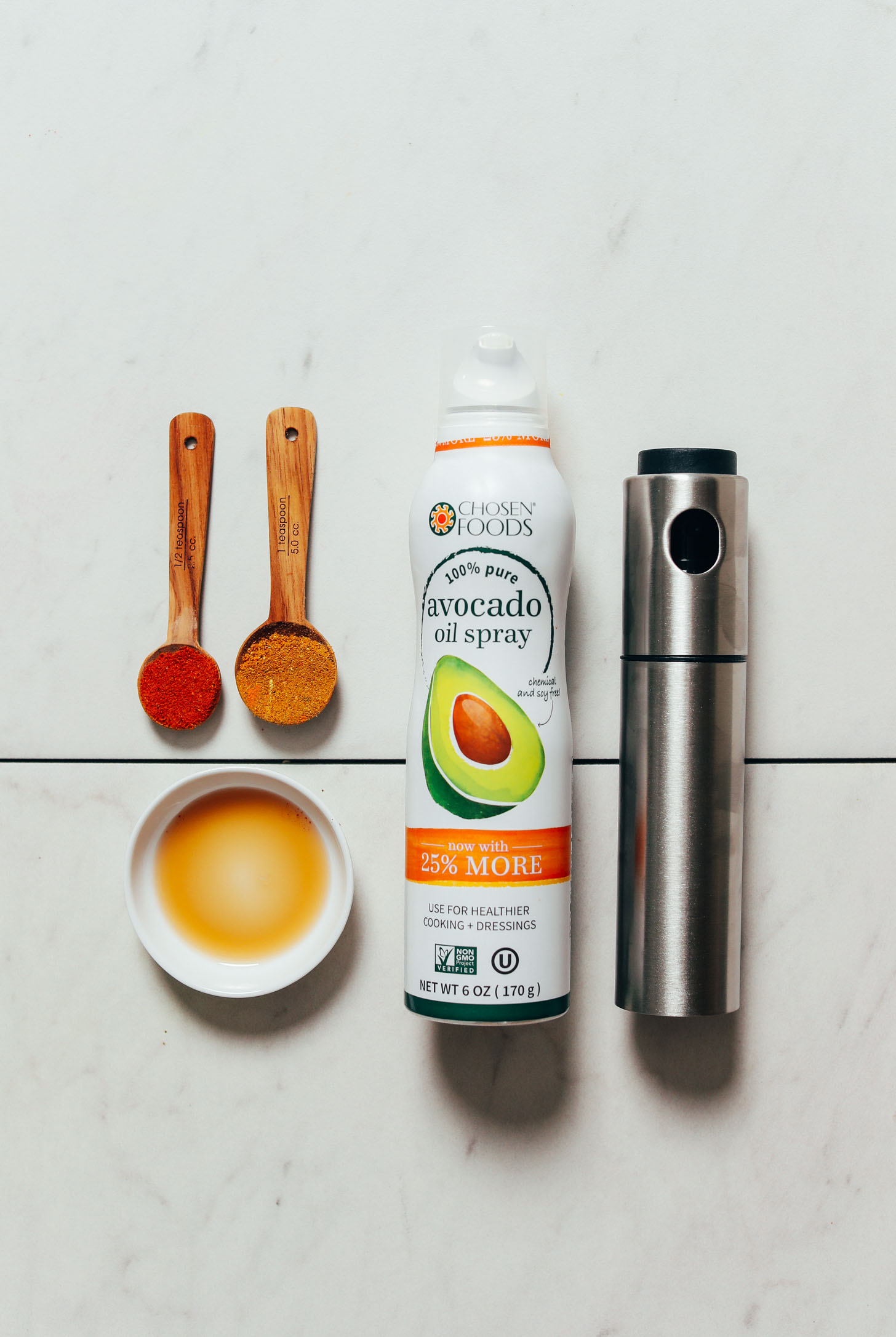 Spices, maple syrup, avocado oil spray, and oil mister