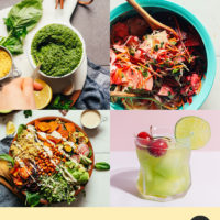 Photos of beet chips, avocado smoothie, and other recipes using august produce in season