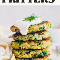Stack of our Easy Zucchini Fritters with text above them that says vegan and gluten-free