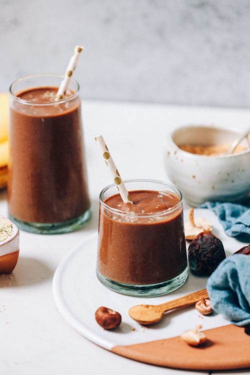 Glasses of our Chocolate Banana Shake made with adaptogenic herbs