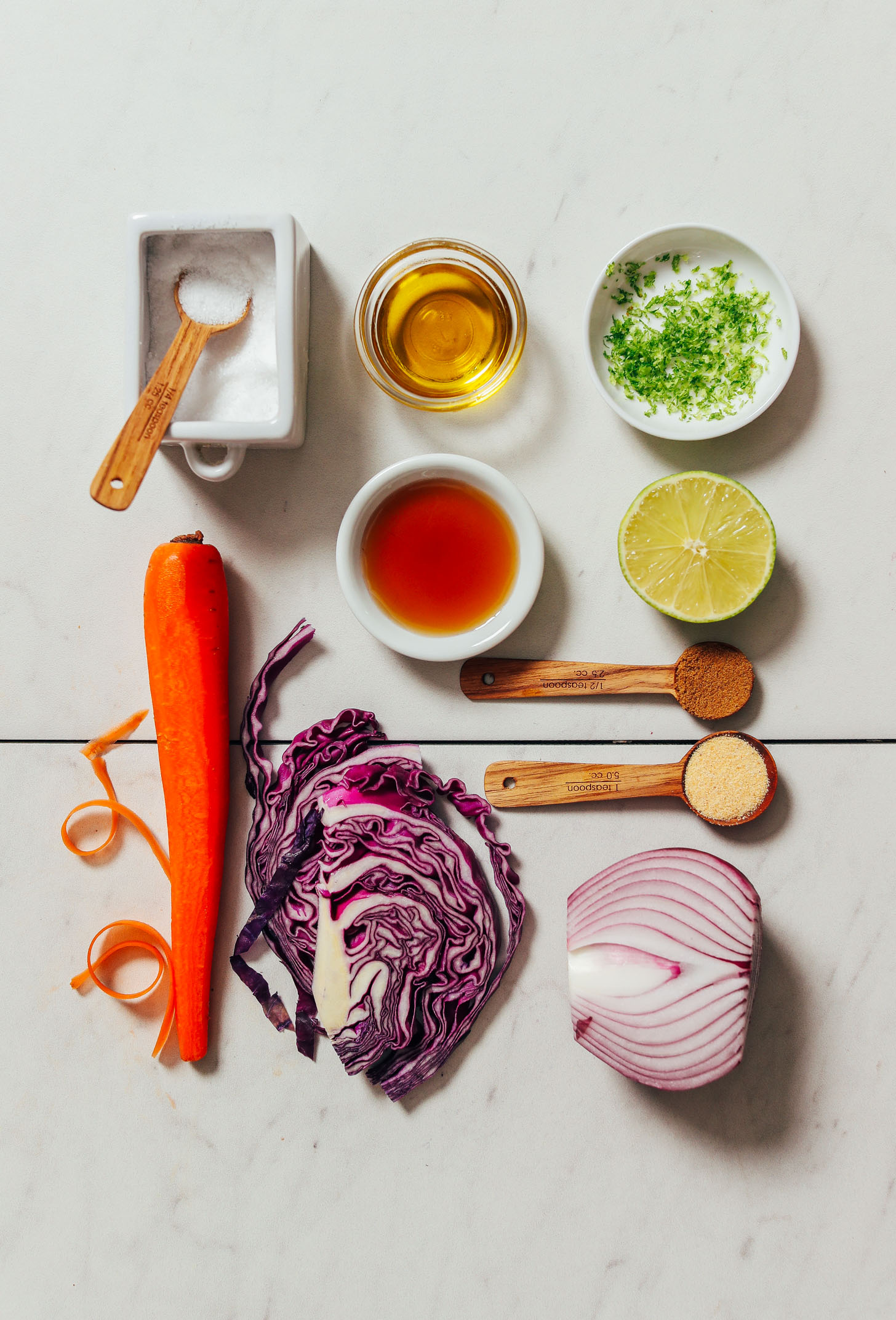 Sea salt, olive oil, lime, red onion, cabbage, carrot, spices, and maple syrup