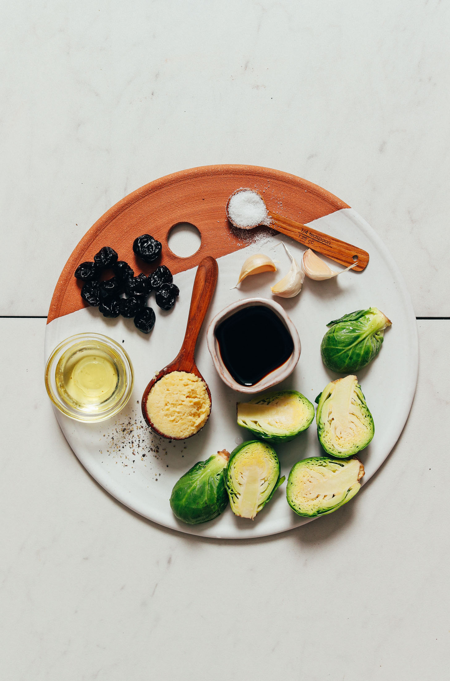 Dried cherries, sea salt, garlic, balsamic vinegar, Brussels sprouts, macadamia nut cheese, black pepper, and avocado oil