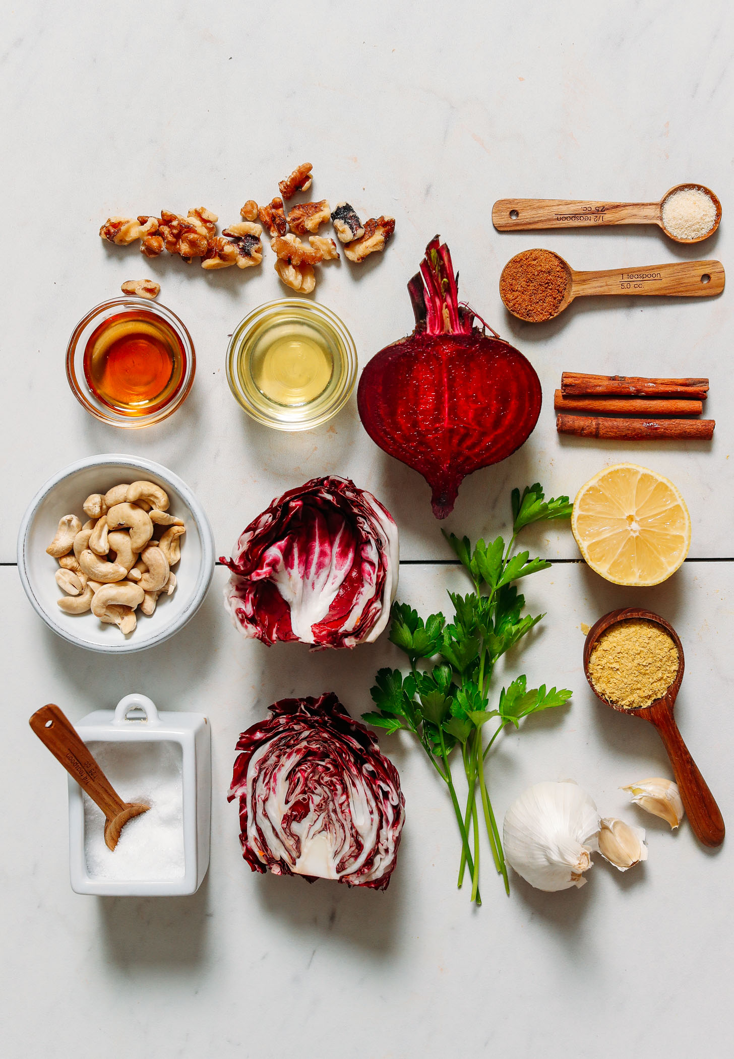 Walnuts, maple syrup, avocado oil, cashews, radicchio, salt, beet, parsley, garlic, nutritional yeast, lemon, cinnamon, coconut sugar, and garlic powder