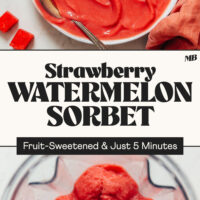 Bowl and blender of our easy fruit-sweetened Strawberry Watermelon Sorbet ready in just 5 minutes