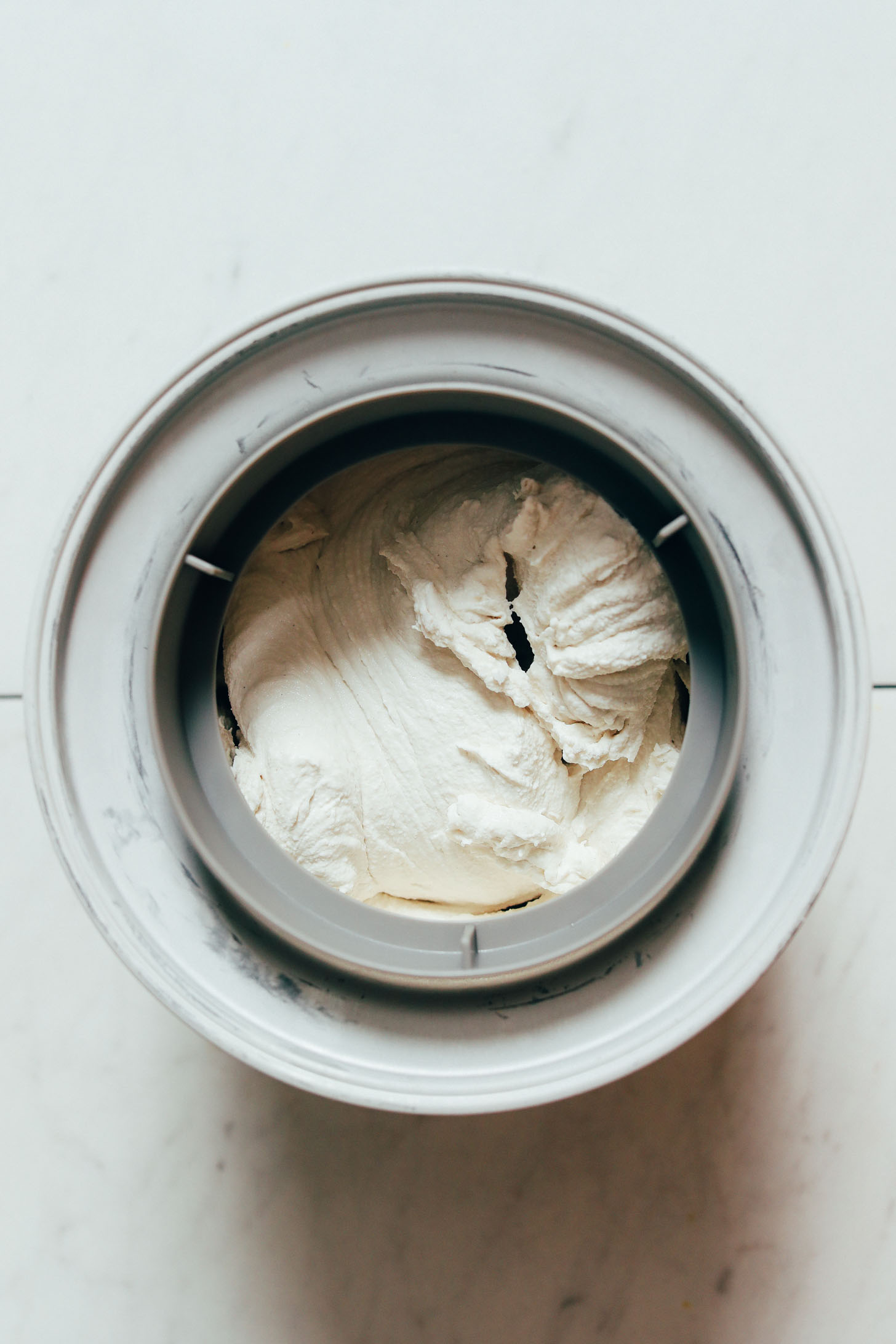 Vegan vanilla ice cream churning in an ice cream maker