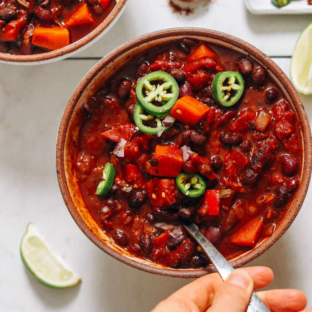 Spoon in a bowl of Instant Pot chili