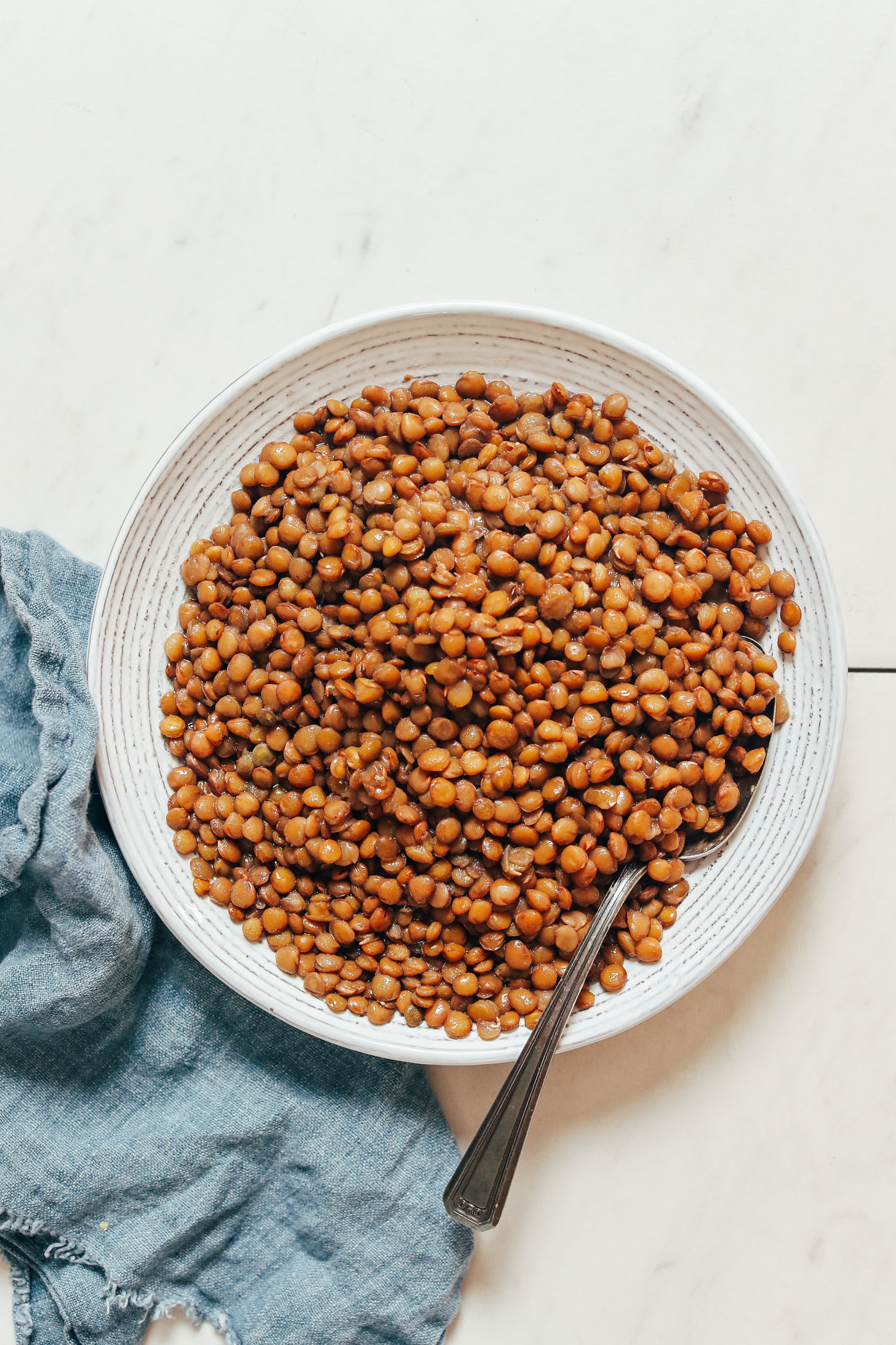 Vintage spoon in a bowl of perfectly cooked Instant Pot lentils