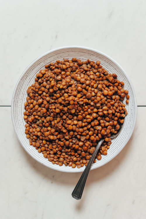 Bowl of cooked brown lentils