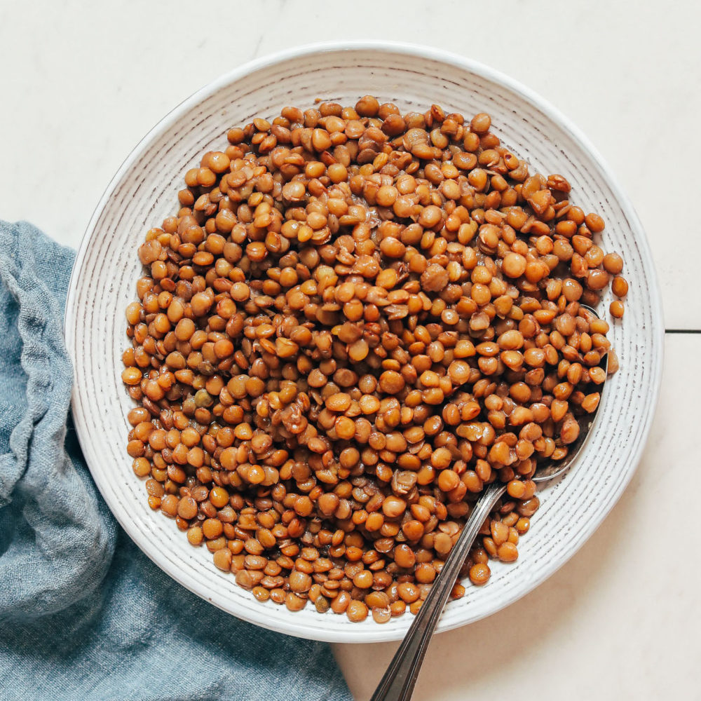 Bowl of brown lentils cooked in the Instant Pot