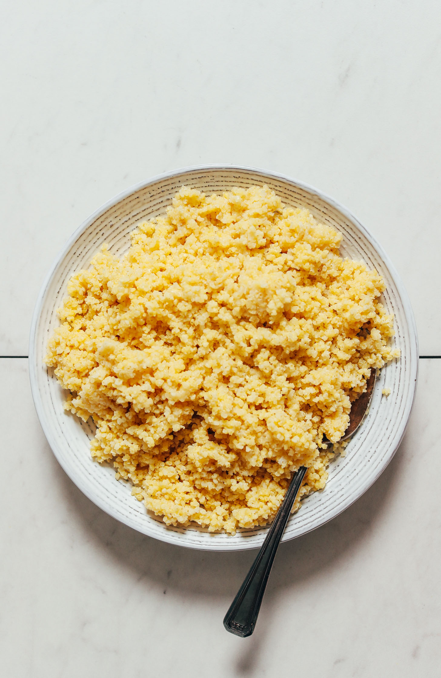 Spoon resting in a bowl of Instant Pot Millet